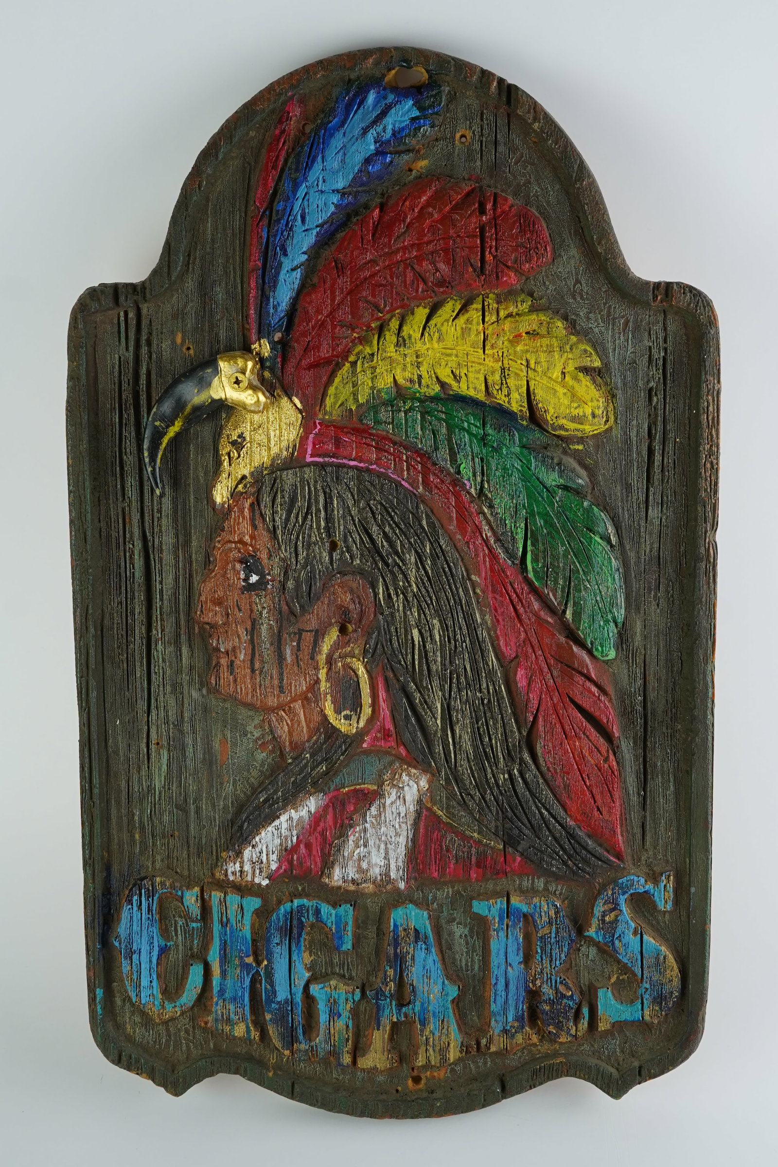 Antique Native American Cigar Store Display: Really unique and detailed piece. Carved wood and hand painted.Signed on the back.