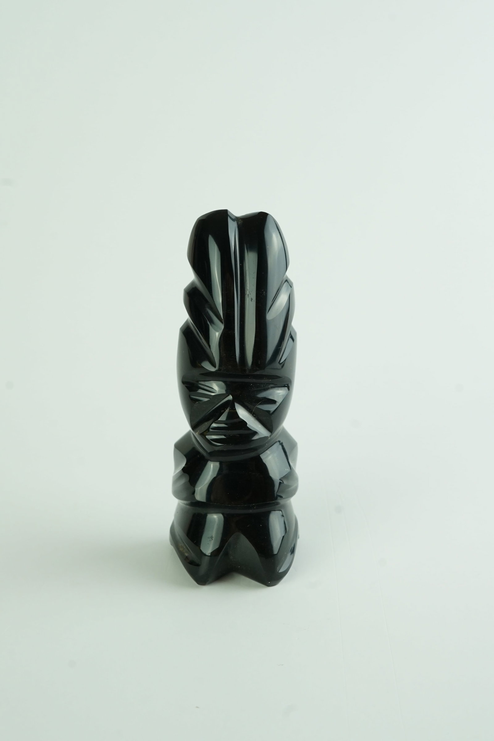 Vintage Black Obsidian Mayan Sculpture: Most likely was produced from volcanic glass. Item does have some minor scratches along the bottom as shown in pics