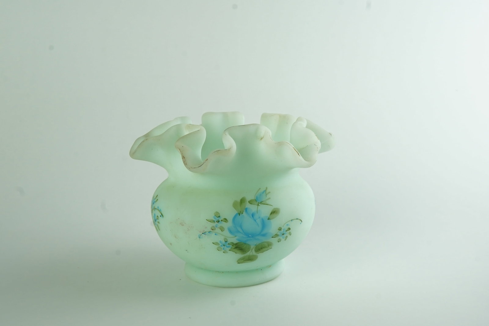 Satin Blue Fenton Ruffled Vase signed by Linda Emerson: Beautifully crafted item with nice color and detailed paint. Signed by the artist adds to the appeal.