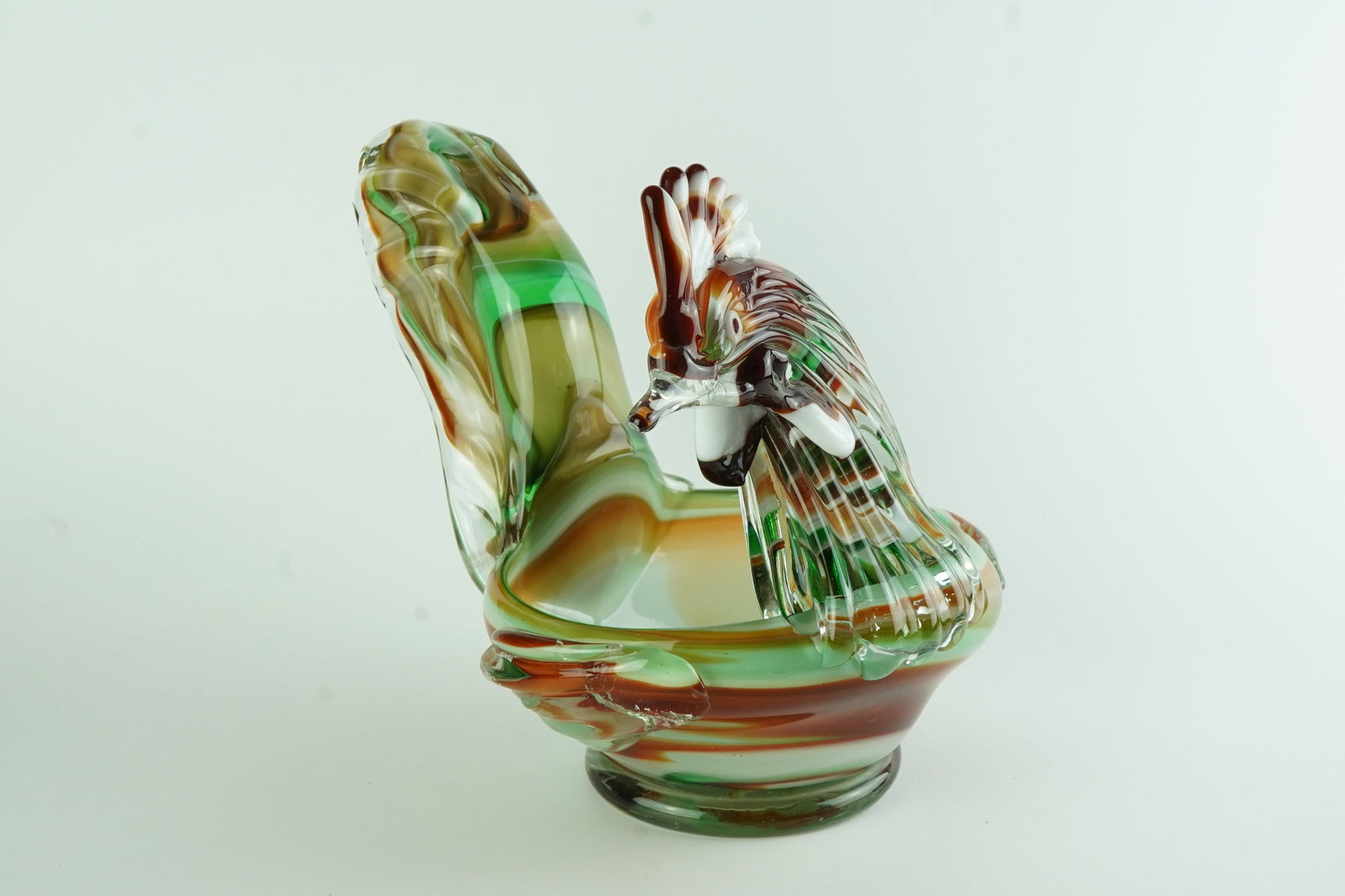 MCM Art Glass Rooster Bowl Sculpture: In very nice condition with bright and beautiful colors throughout