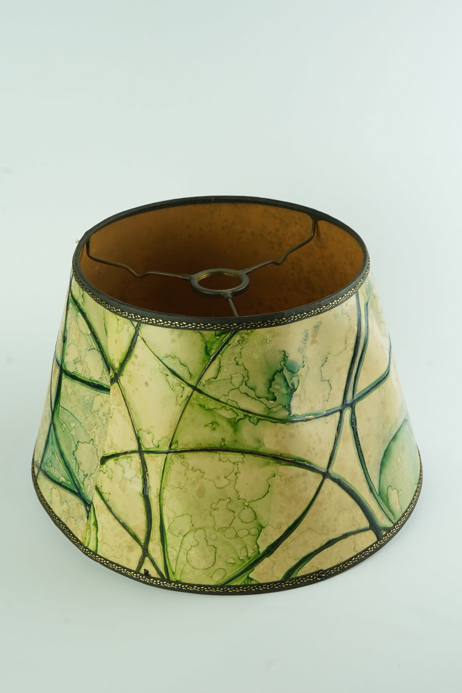 Handmade Green Mica Lamp Shade: Has a small ding on the side that can be pushed back out. Other than that great condition