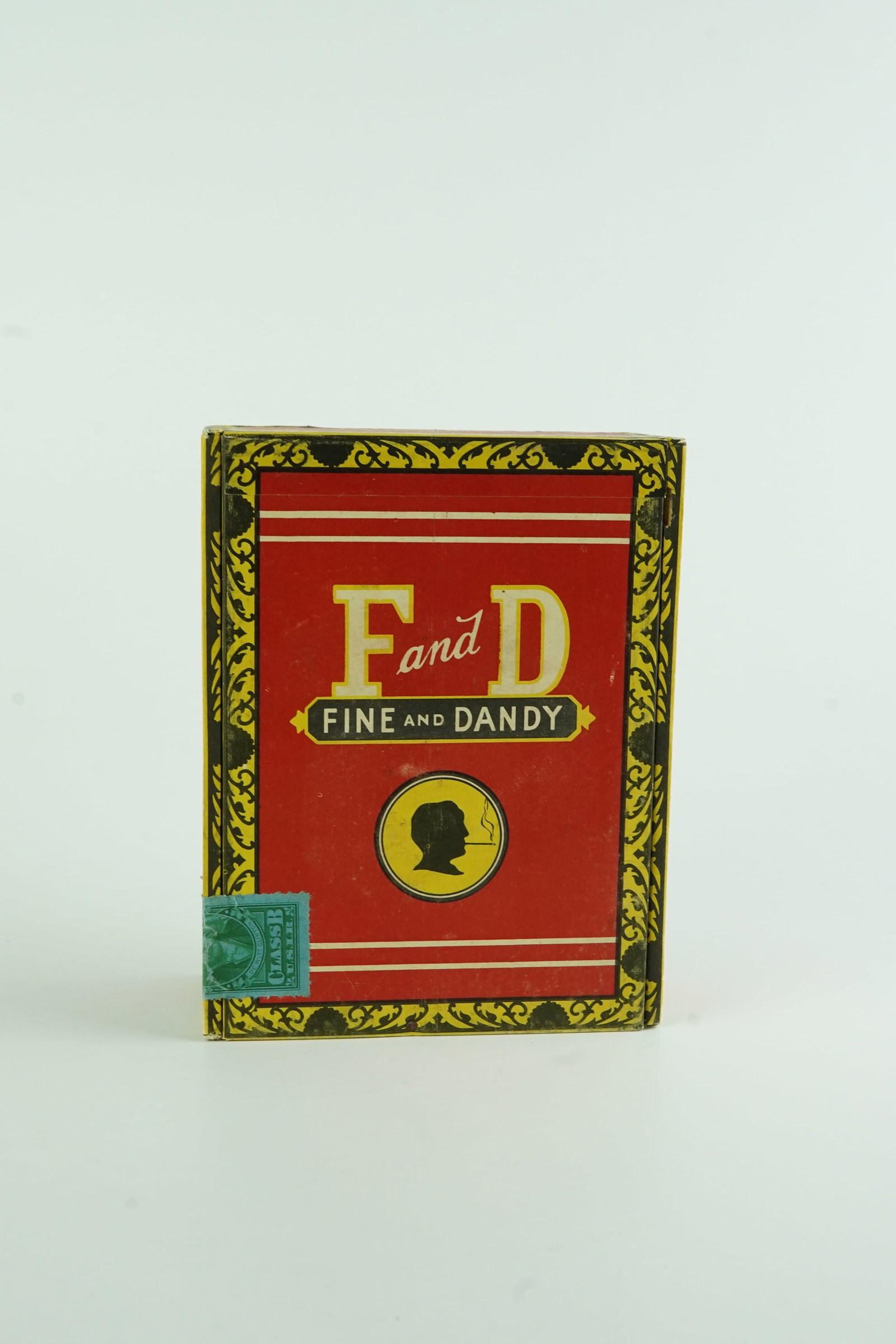 F&D Fine and Dandy 1945 cigarette box sealed series: 115 tax stamp unopened World War II. Factory sealed and unopened with content still inside. Original green federal stamp series 115 intact across this box seam class B factory number 467, first distri