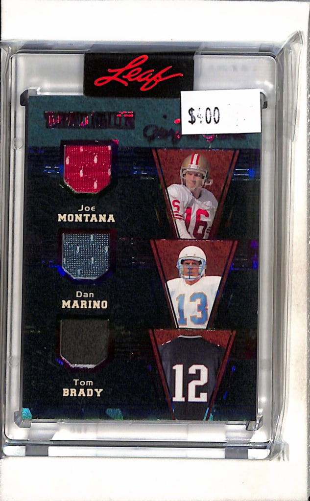 TOM BRADY JOE MONTANA DAN MARINO 2025 LEAF TRIPLE GAME USED JERSEY PATCH (1 of 1)