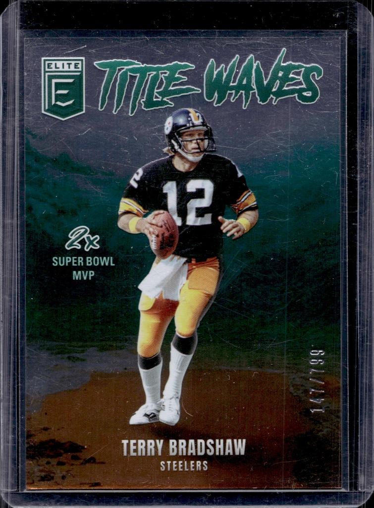 TERRY BRADSHAW 2025 PANINI ELITE TITLE WAVES EMERALD: 147/799. NEAR MINT OR BETTER CONDITION