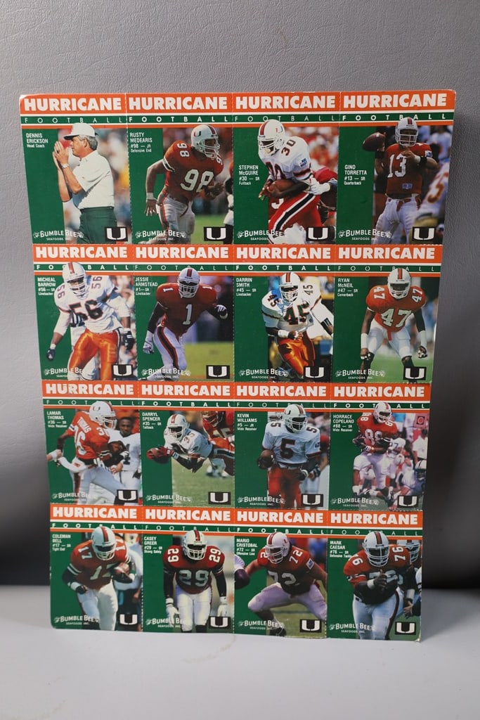 1992 MIAMI HURRICANES BUMBLEBEE SET SHEET. MARIO CRISTOBAL AND MORE: HAS SOME CONDITION ISSUE ON EDGES/CORNERS