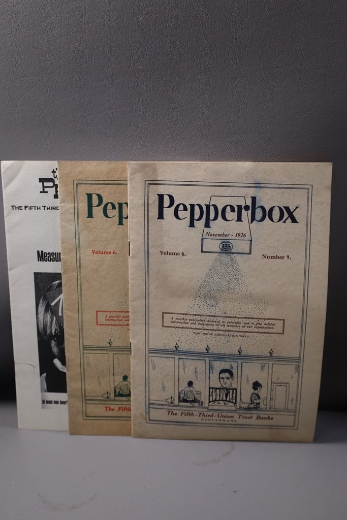 VINTAGE EPHEMORA: A GROUP OF VINTAGE FIFTH THIRD BANK PEPPERBOX MAGAZINES. 2 FROM THE 20'S AND 1 FROM THE 60'S. GOOD CONDITION. 