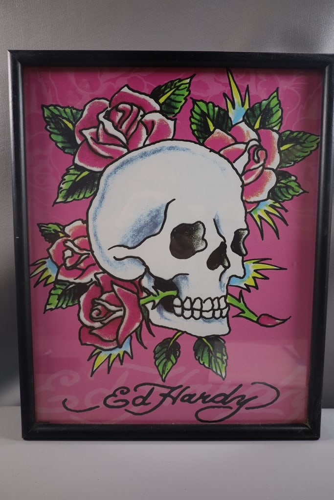 ED HARDY POSTER: A FRAMED ED HARDY 1990'S-2000'S POSTER. VERY GOOD CONDITION. 16" X 21" 