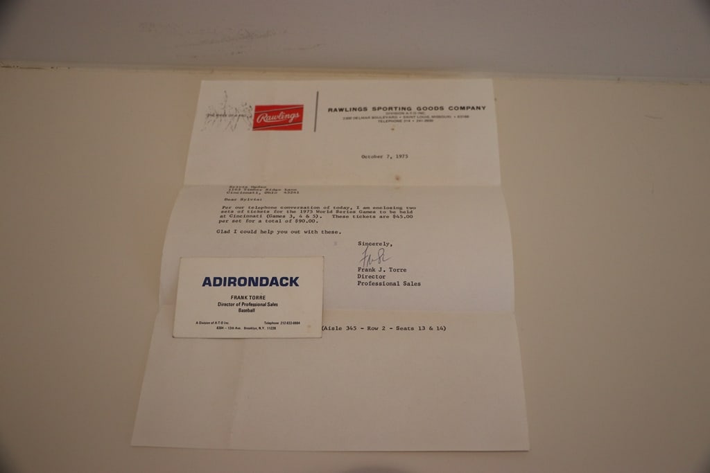 FRANK TORRE AUTOGRAPH: A FRANK TORREE 1975 SIGNED LETTER AND BUSINESS CARD. FRANK WON A WORLD SERIES IN 1957 AND WAS A HIGH PROFILE EMPLOYEE OF RAWLINGS. 