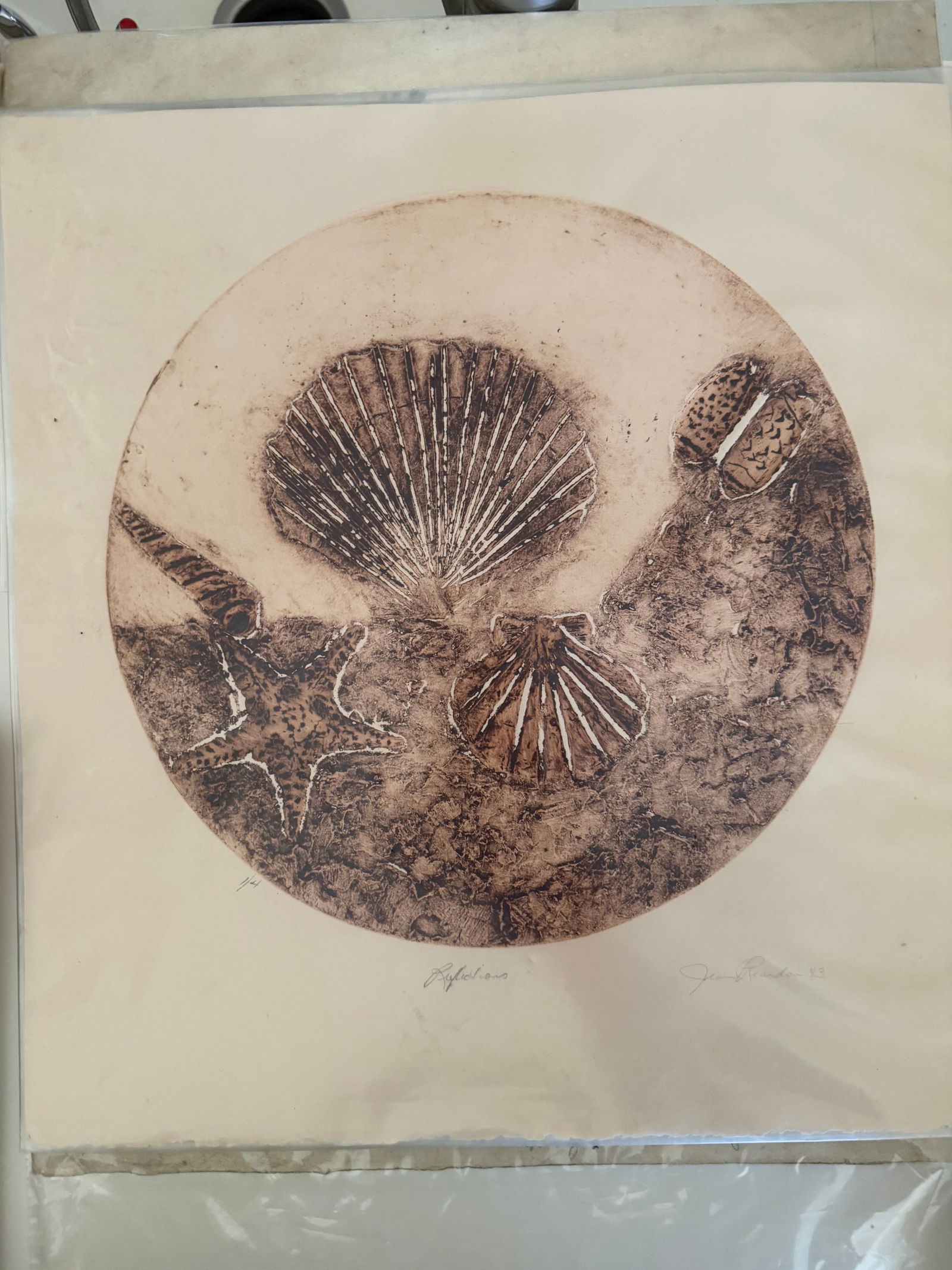 JEAN READON SIGNED PRINT: A JEAN REARDON SIGNED PRINT/ETCHING TITLED REFLECTIONS. IT IS NUMBERED 1/4 AND DATED 1982. 10X15. VERY GOOD CONDITION. 