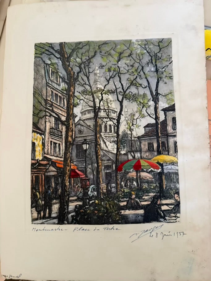 MAURICE JACQUES SIGNED ART: A SIGNED AND HAND COLORED MAURICE JACQUES 1957 PRINT OF PARIS. 11X15. VERY GOOD CONDITION. 