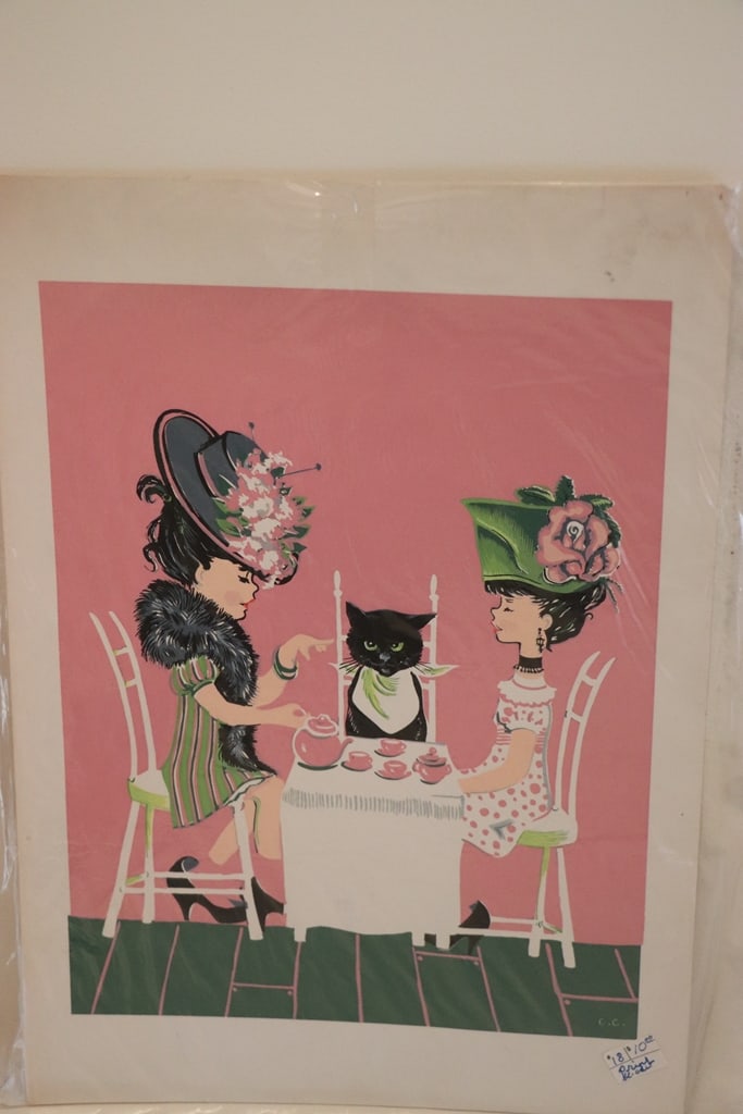 SIGNED LITHOGRAPH: A SIGNED LITHOGRAPH OF TWO LADIES AD A CAT HAVING TEA. SINGED C.C. 10.5X14.5. VERY GOOD CONDITION. 