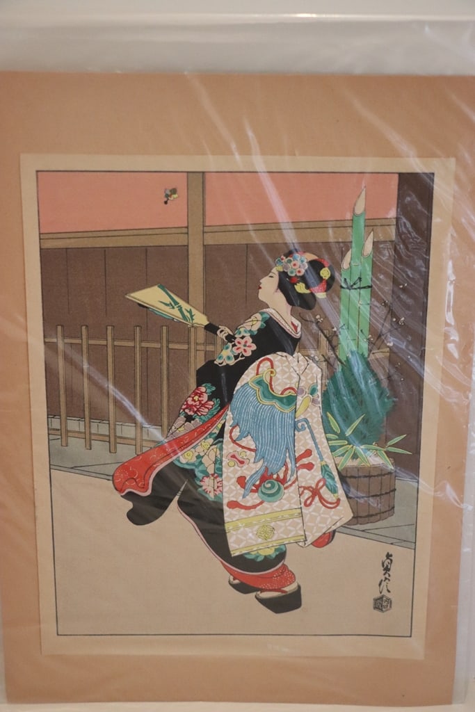 HASEGAWA SADANOBU WOOD BLOCK PRINT: A SIGNED WOOD BLOCK PRINT BY HASAGAWA SADANOBU III OF A GIRL PLAYING SHUTTLECOCK. 8X10.5. VERY GOOD CONDITION. 