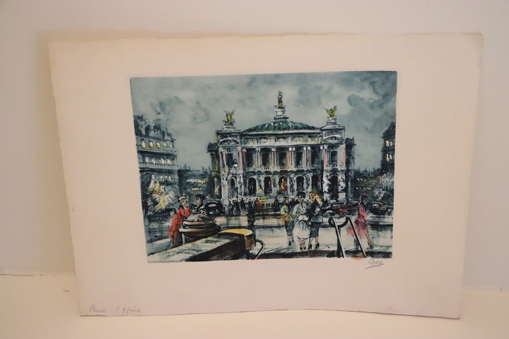 SIGNED PRINT: A SIGNED AND HAND COLORED PRINT OF PARIS. SIGEND GREY. 9X11. VERY GOOD CONDITION. 