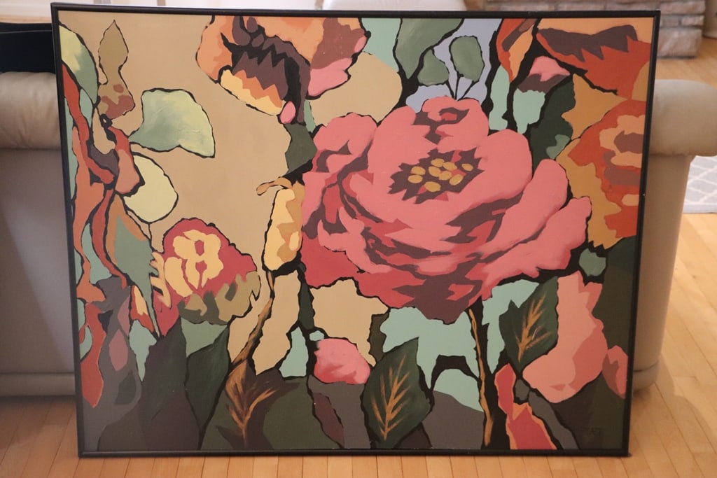 ORIGINAL OIL ON CANVAS: AN ORIGINAL LARGE ABSTRACT FLORAL OIL ON CANVAS. SIGNED TAIT OR TALT. 40X49. VERY GOOD CONDITION. 