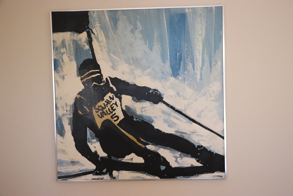 ORIGINAL OIL ON CANVAS: AN ORIGINAL OIL ON CANVAS OF A SKIER AT SQUAW VALLEY IN CALIFORNIA. SIGNED RICHARD S. 40X40. VERY GOOD CONDITION. 