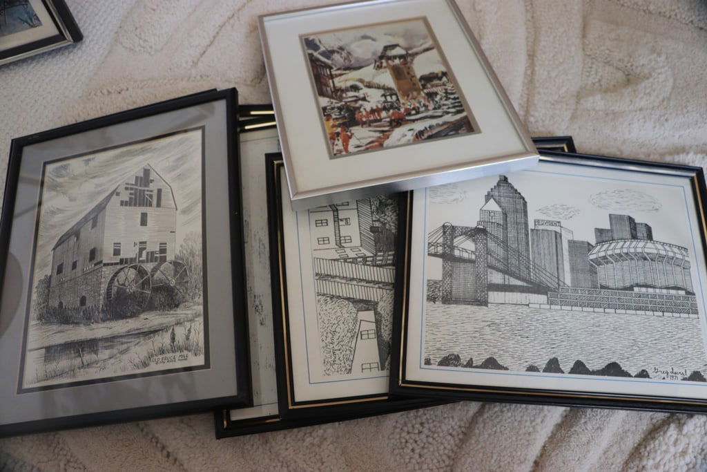 FRAMED PRINTS: A GROUP OF FRAMED PRINTS OF CINCINNATI. SOME ARE BY GREG ISERAL AND SOME BY MARY MOORE. VERY GOOD CONDITION. 