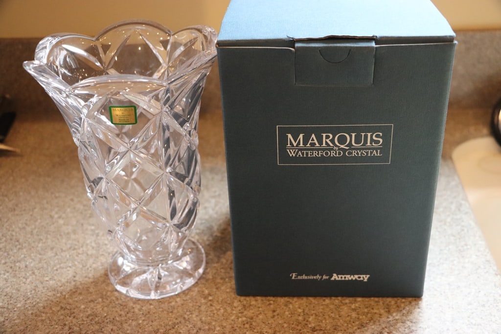 WATERFORD VASE: A WATERFORD MARQUIS VASE WITH BOX. FROM THE AMWAY DIAMOND COLLECTION. 9" 