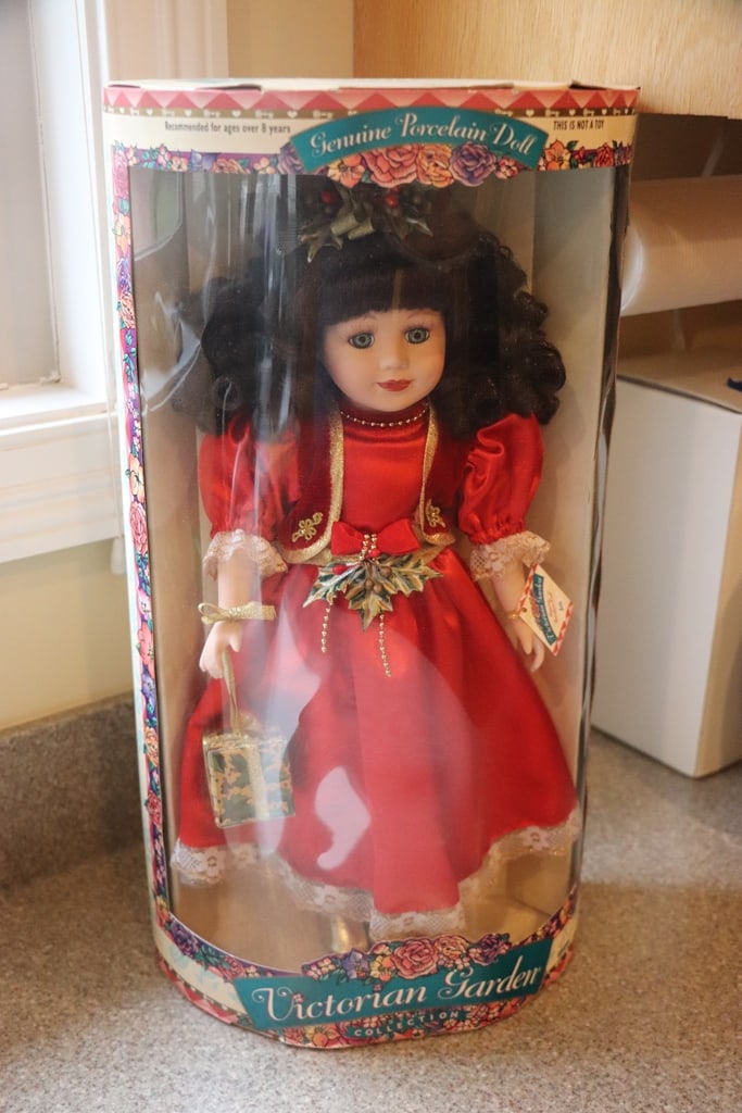 PORCELAIN DOLL: A BRAND NEW VISTORIAN GARDEN PORCELAIN DOLL. BRAND NEW BUT BOX MAY HAVE SOME CONDITION ISSUES. 