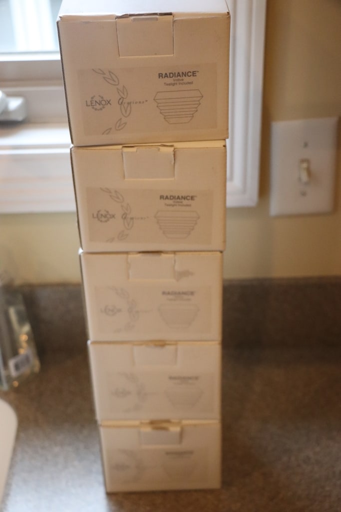 LENOX CRYSTAL: A GROUP OF 5 BRAND NEW LENOX RADIANCE VOTIVE CANDLE HOLDERS. 