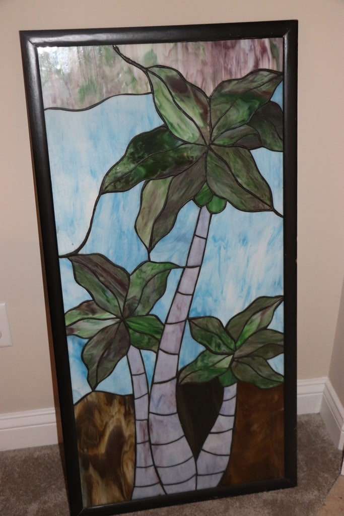 STAINED GLASS: A WALL HANGING STAINED GLASS PANEL. VERY GOOD CONDITION. 24" X 40" 