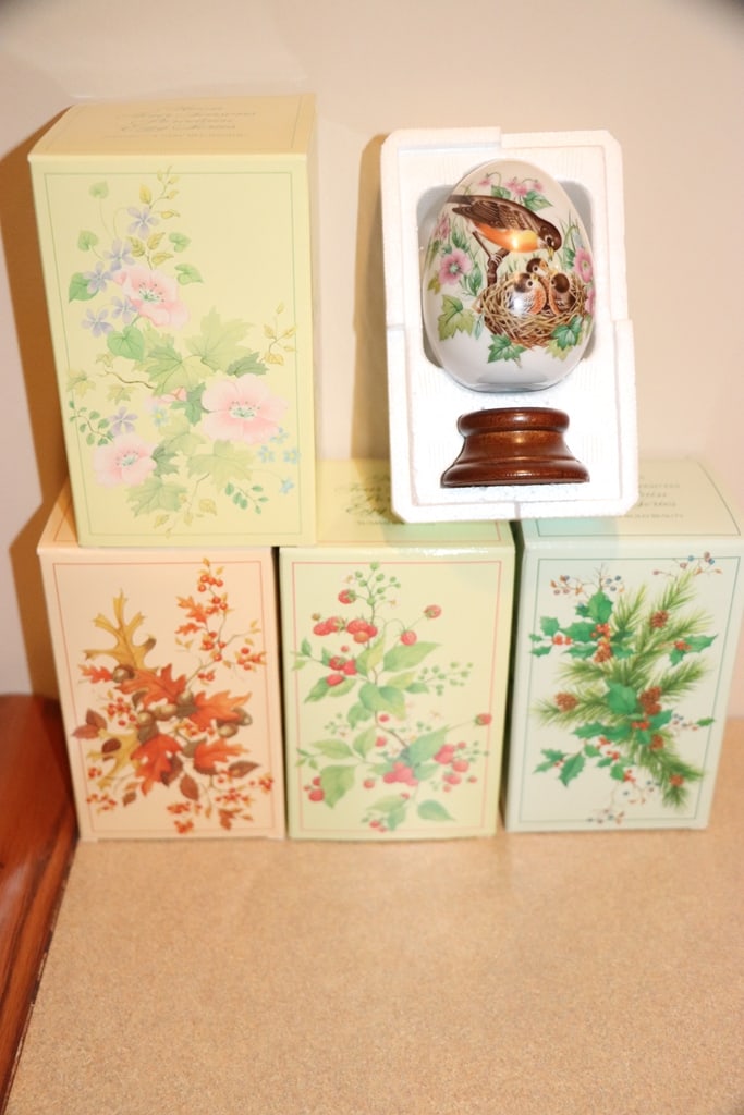 PORCELAIN EGG SET: A SPECIAL AVON 4 SEASONS PORCELAIN EGG SET WITH BOXES. LIKE NEW. 3" 