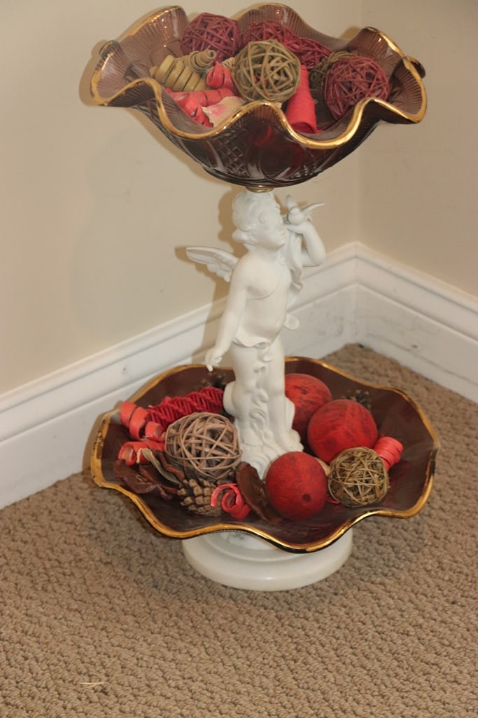 VINTAGE CENTERPIECE: A GLASS AND STONE VINTAGE CHERUB CENTERPIECE. VERY GOOD CONDITION. 18" 