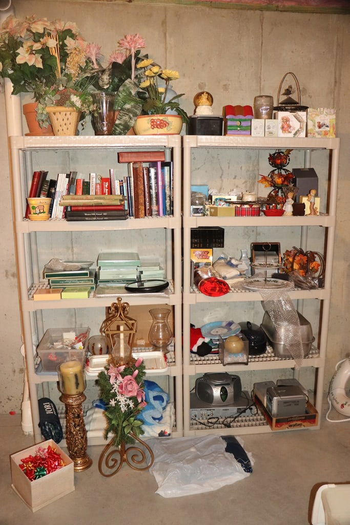 SHELFS AND CONTENTS: A PAIR OF PLASTIC STORAGE SHELFS AND THE CONTENTS INCLUDING CRAFT, COLLECTOR PLATES, CHRISTMAS AND MORE. 