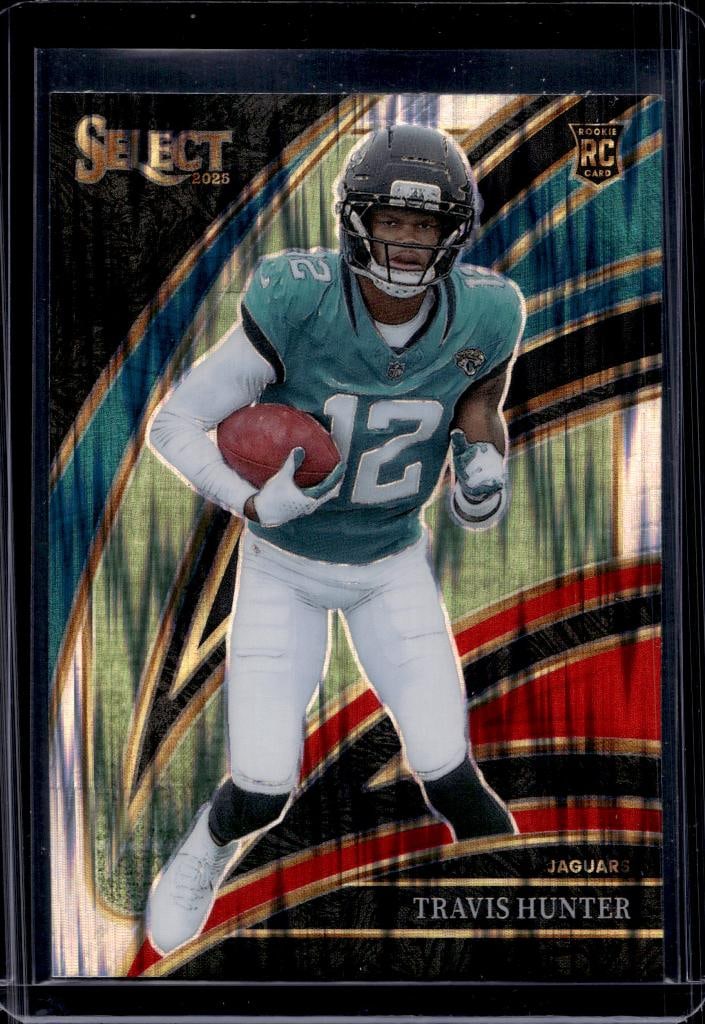 TRAVIS HUNTER 2025 PANINI SELECT RED AND BLACK FLASH PRIZM ROOKIE CARD: NEAR MINT OR BETTER CONDITION 