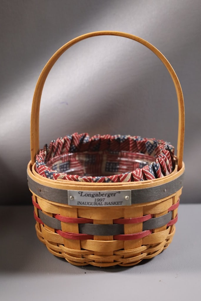 LONGABERGER BASKET: A 1997 LONGABERGER INAUGURAL BASKET. VERY GOOD CONDITION. 8"T 