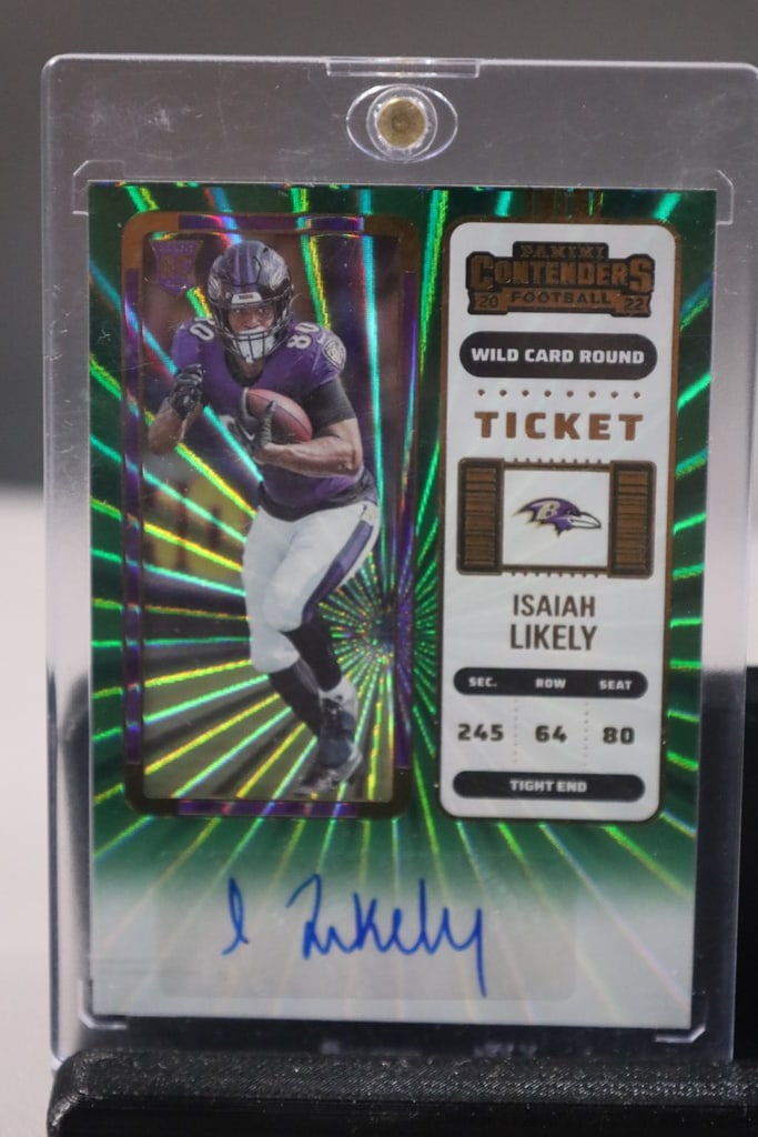 ISAIAH LIKELY 2022 PANINI CONTENDERS AUTOGRAPH GREEN FLOOD ROOKIE CARD: NEAR MINT OR BETTER CONDITION 