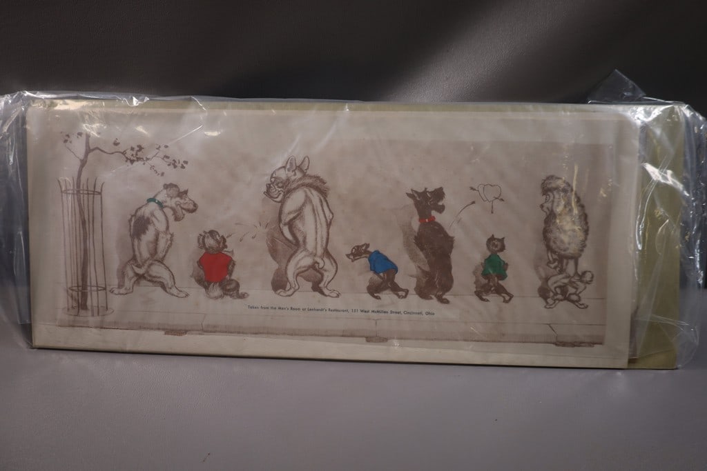 DOG PRINTS: A GROUP OF PRINTS OF DOG'S PEEING THAT ARE FROM A MURAL IN THE MEN'S ROOM OF LENHARDT'S RESTAURANT IN CINCINNATI (BUILT BY CHRISTIAN MOERLEIN). THE RESTAURANT WAS TORN DOWN IN 2014. A PIECE OF