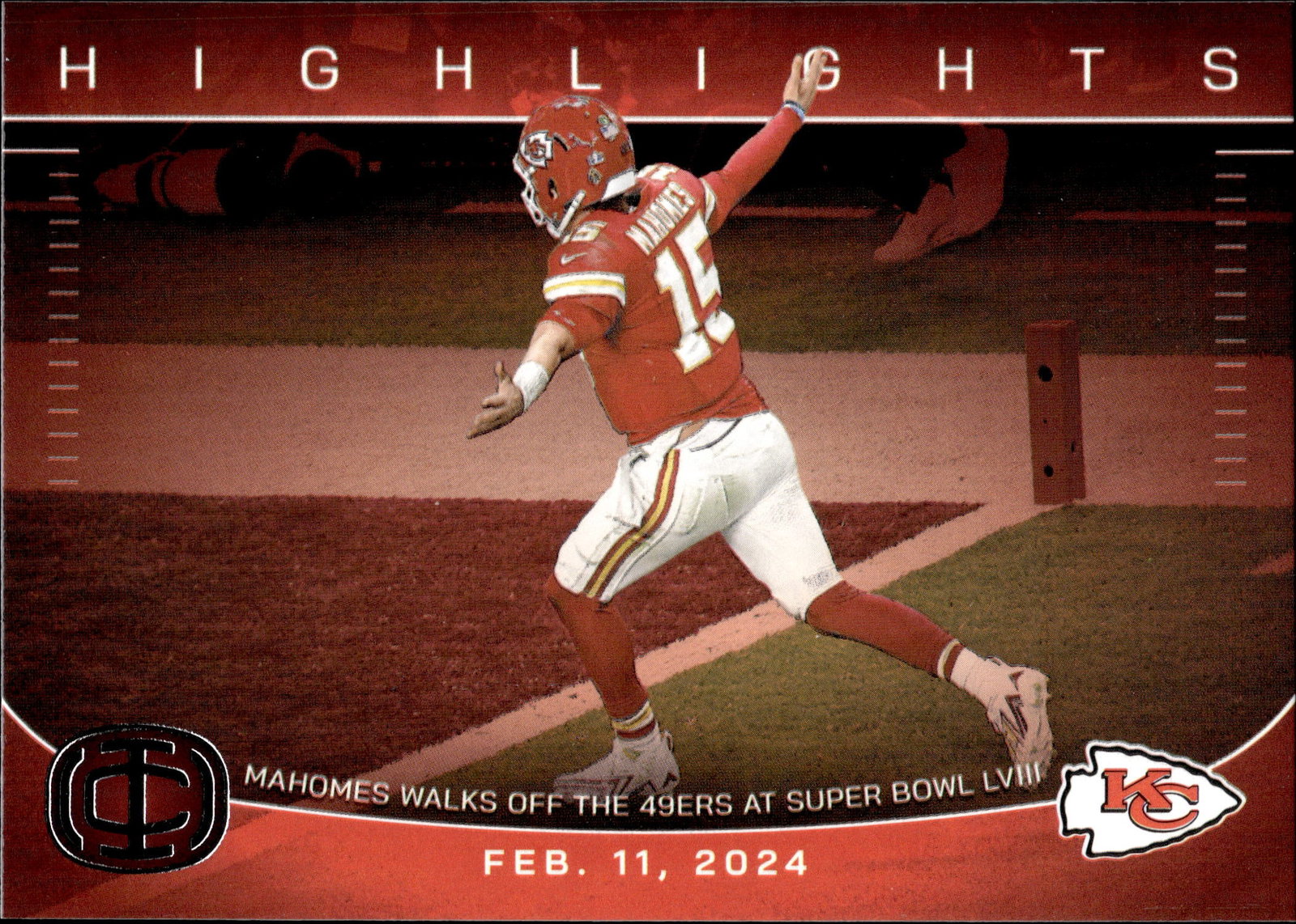 PATRICK MAHOMES 2025 PANINI ICONS HIGHLIGHTS SUPER BOWL LVIII GAME WINNING TD INSERT: NEAR MINT OR BETTER CONDITION 