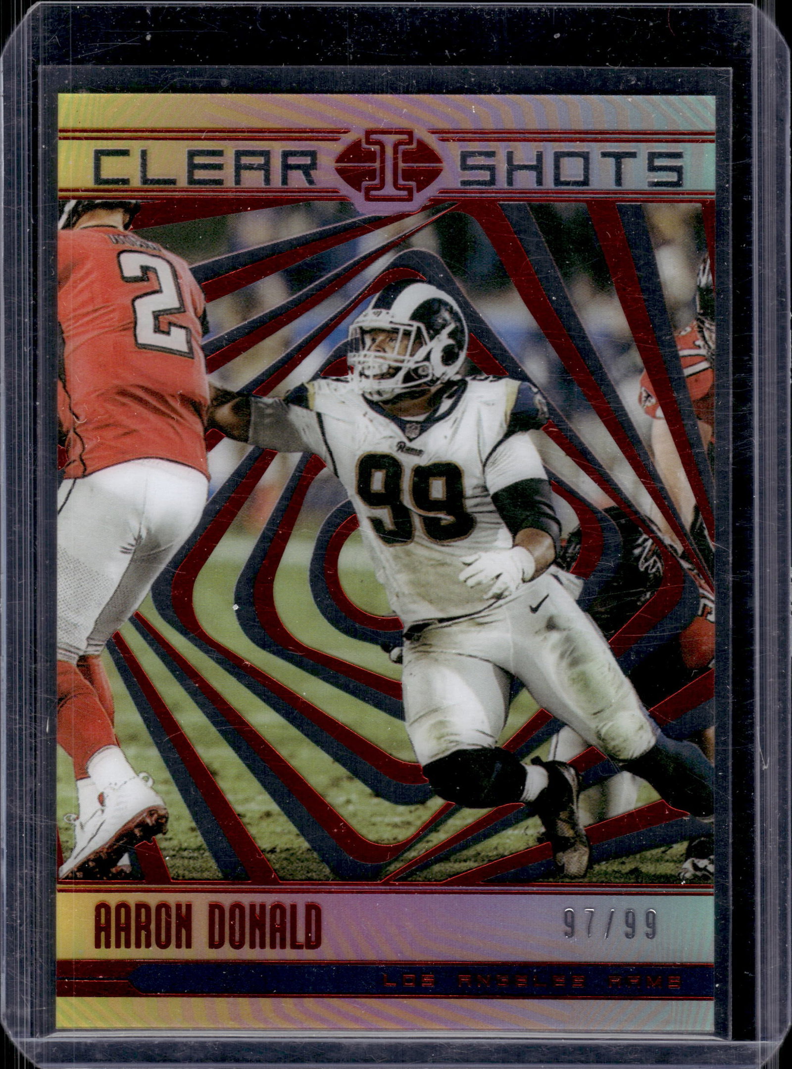 AARON DONALD 2018 PANINI ILLUSIONS CLEAR SHOTS RED SP: 97/99. NEAR MINT OR BETTER CONDITION 