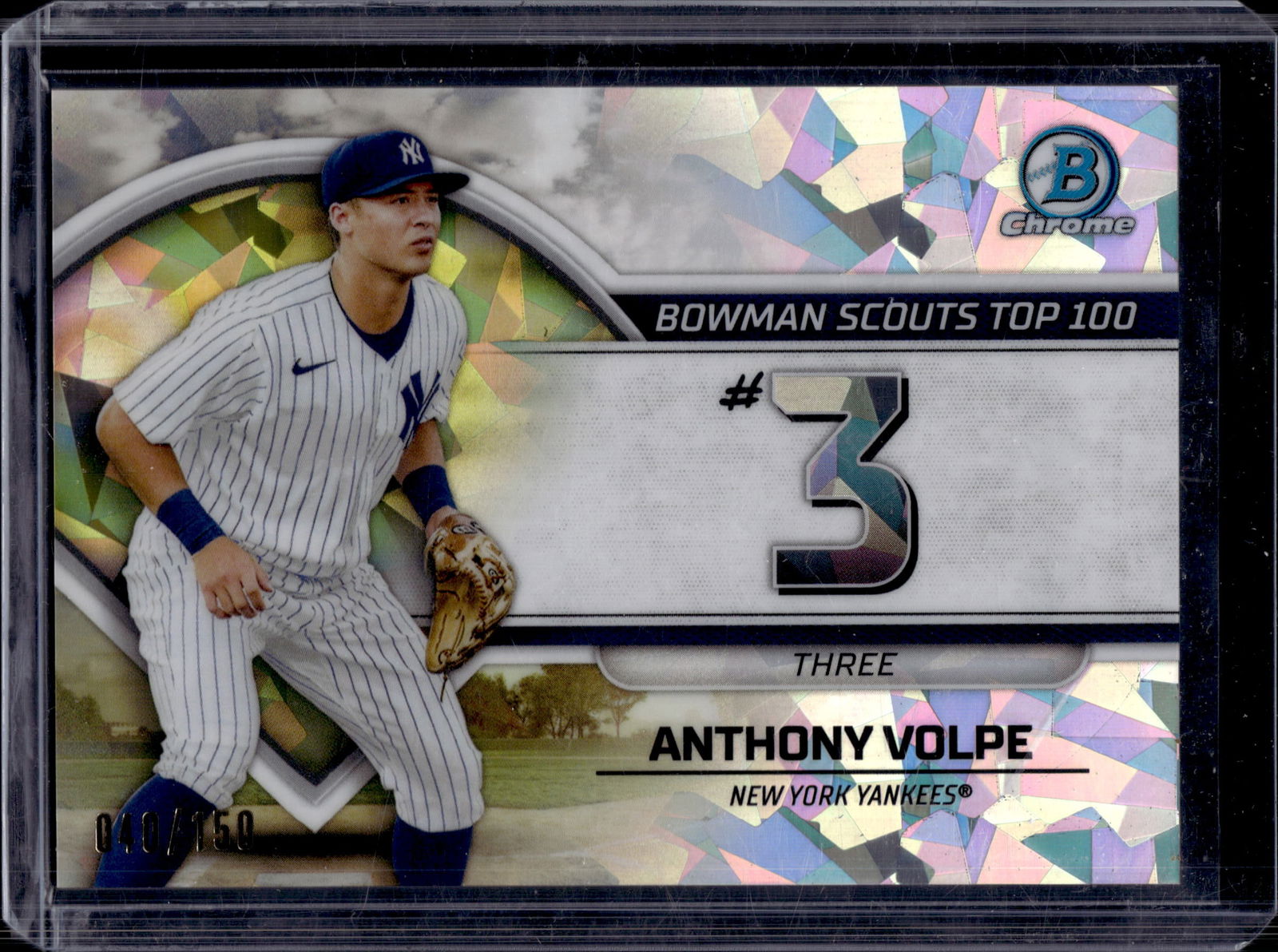 ANTHONY VOLPE 2023 BOWMAN CHROME ATOMIC REFRACTOR TOP 100 ROOKIE CARD: 40/150. NEAR MINT OR BETTER CONDITION