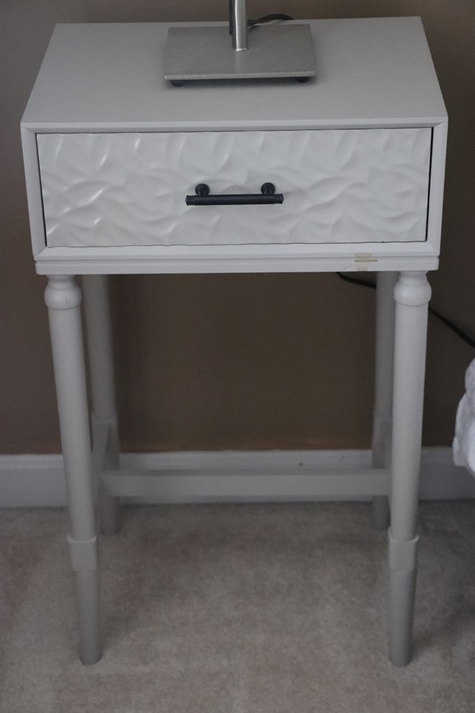 SIDE TABLES: A PAIR OF MATCHING LIGHT GRAY SIDE TABLES WITH DRAWERS. VERY GOOD CONDITION. 