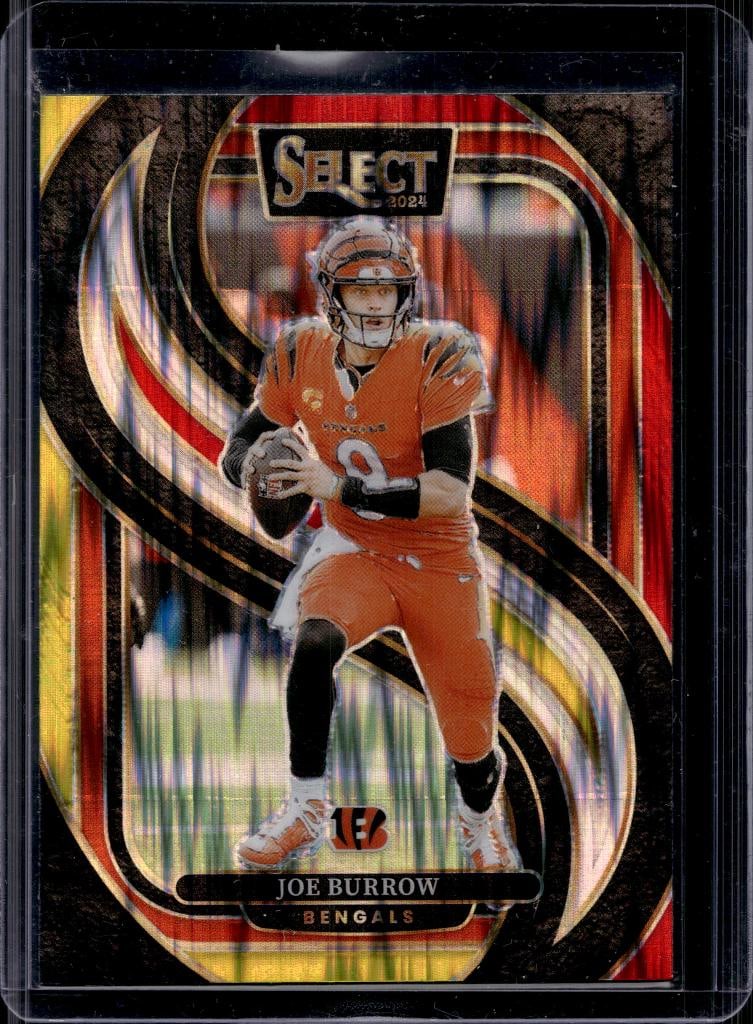 JOE BURROW 2024 PANINI SELECT PREMIER RED AND YELLOW FLASH PRIZM (1 of 1)