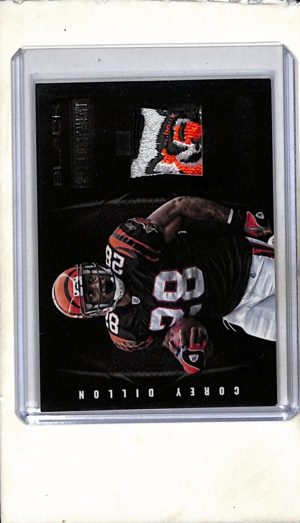 COREY DILLON 2012 PANINI BLACK GAME USED LOGO PATCH SSP: 44/49. NEAR MINT OR BETTER CONDITION