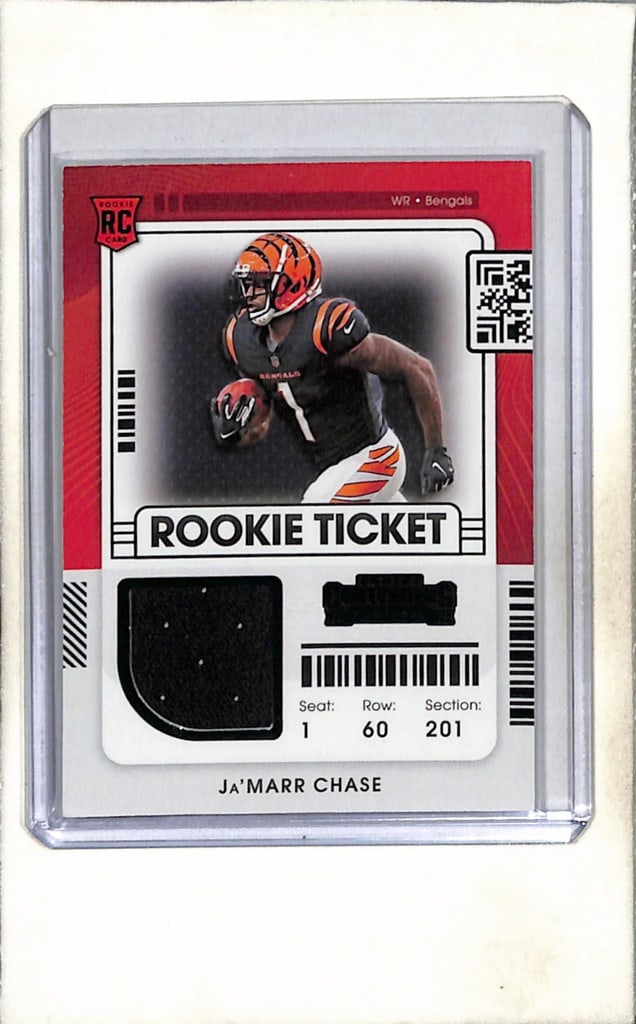 JA'MARR CHASE 2021 PANINI CONTENDERS GREEN FOIL JERSEY ROOKIE CARD: NEAR MINT OR BETTER CONDITION