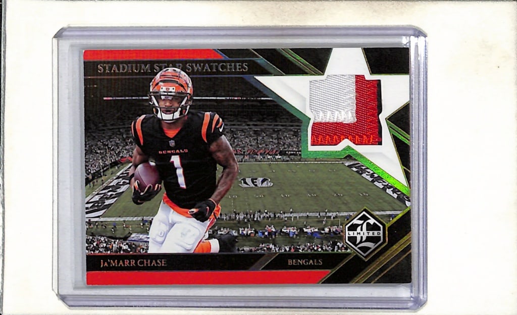 JA'MARR CHASE 2022 PANINI LIMITED GAME USED JERSEY PATCH: 22/49. NEAR MINT OR BETTER CONDITION