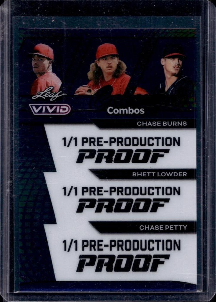 CHASE BURNS RHETT LOWDER CHASE PETTY 2024 LEAF VIVID PROOF ROOKIE CARD: 1/1. NEAR MINT OR BETTER CONDITION