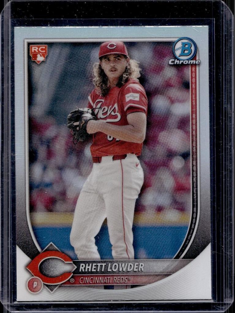 RHETT LOWDER 2025 BOWMAN CHROME REFRACTOR RED LOGO ROOKIE CARD SP: THIS SPECIAL RED RC LOGO CAN BE REDEEMED LATER FOR FANATICS CASH IF LOWDER WINS A CY YOUNG OR GOES INTO THE HALL OF FAME.
