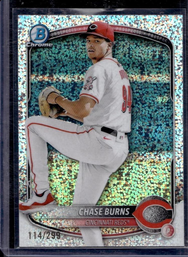 CHASE BURNS 2025 BOWMAN CHROME WHITE SPARKLE REFRACTOR ROOKIE CARD: 114/299. NEAR MINT OR BETTER CONDITION