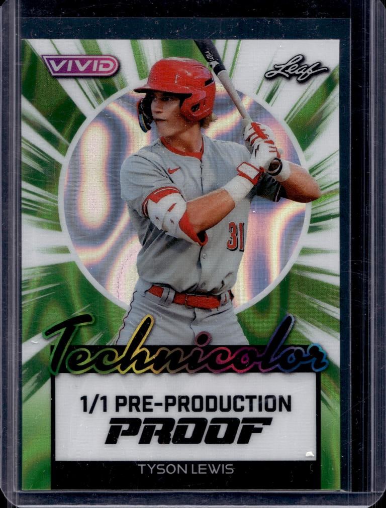 TYSON LEWIS 2024 LEAF VIVID TECHNICOLOR GREEN PROOF ROOKIE CARD: 1/1. NEAR MINT OR BETTER CONDITION