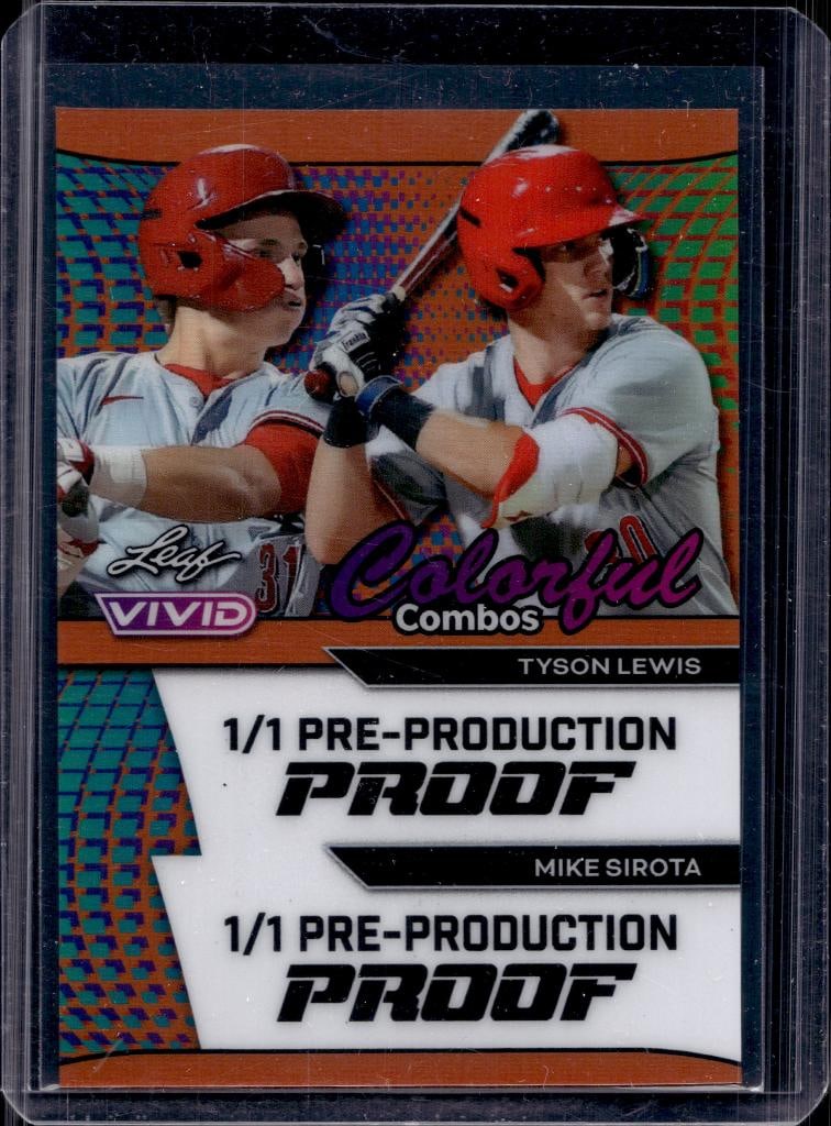 TYSON LEWIS MIKE SIROTA 2024 LEAF VIVID COMBOS PROOF ROOKIE CARD: 1/1. NEAR MINT OR BETTER CONDITION