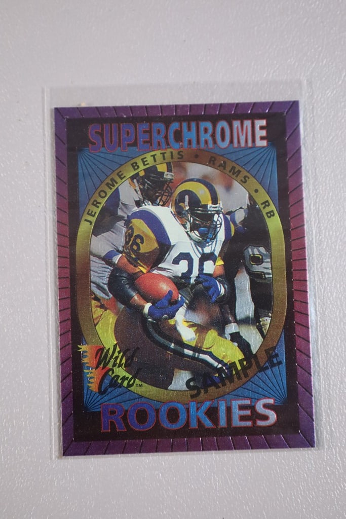 JEROME BETTIS ROOKIE: A 1993 WILD CARD SUPERCHROME ROOKIE SAMPLE. NEAR MINT OR BETTER CONDITION.