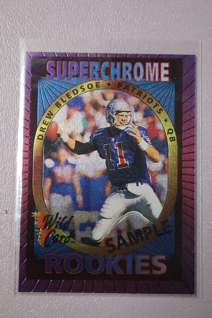 DREW BLEDSOE ROOKIE: A 1993 WILD CARD SUPERCHROME ROOKIE SAMPLE. NEAR MINT OR BETTER CONDITION.