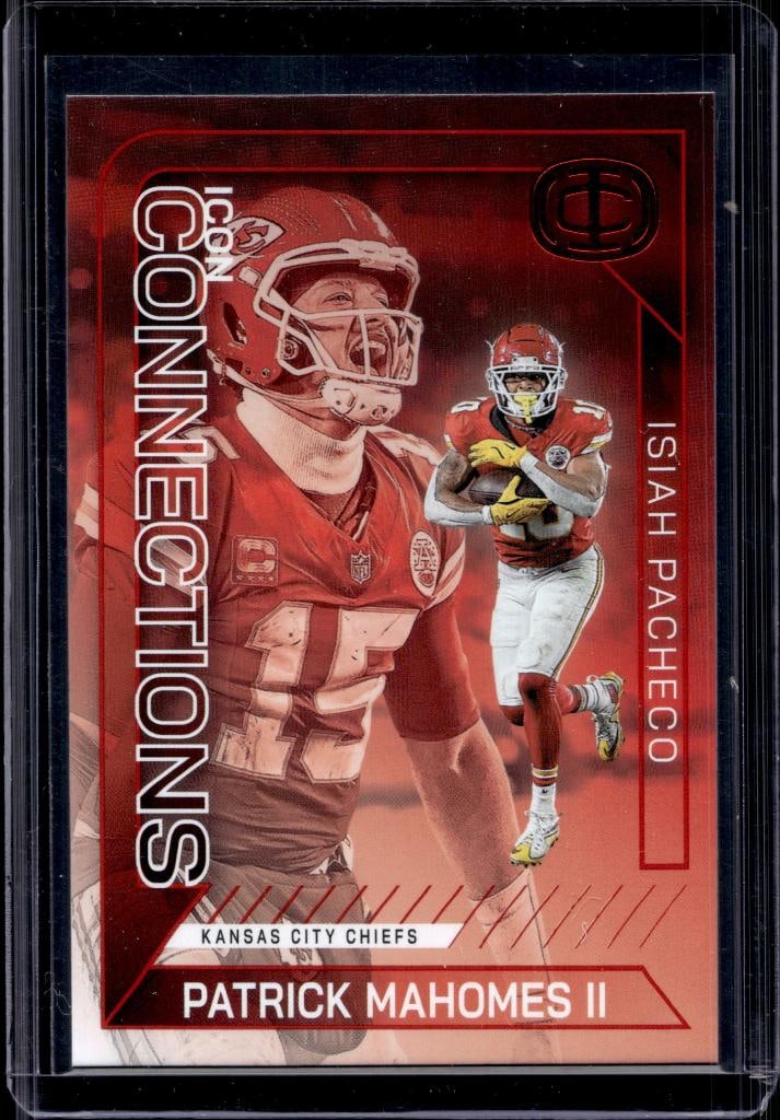 PATRICK MAHOMES 2025 PANINI ICONS CONNECTIONS RED FOIL PARALLEL WITH PACHECO: NEAR MINT OR BETTER CONDITION
