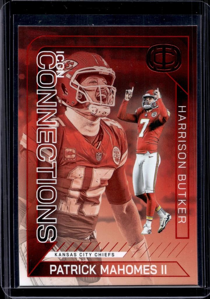 PATRICK MAHOMES 2025 PANINI ICONS CONNECTIONS RED FOIL PARALLEL WITH BUTKER: NEAR MINT OR BETTER CONDITION