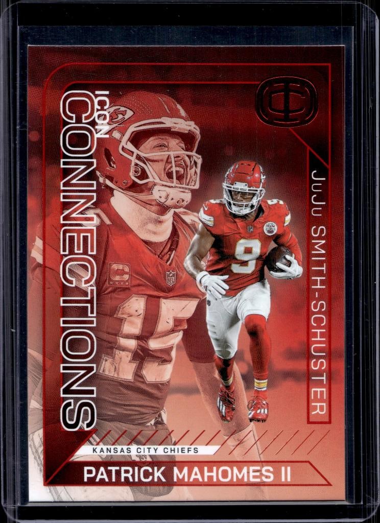 PATRICK MAHOMES 2025 PANINI ICONS CONNECTIONS RED FOIL PARALLEL WITH SCHUSTER: NEAR MINT OR BETTER CONDITION
