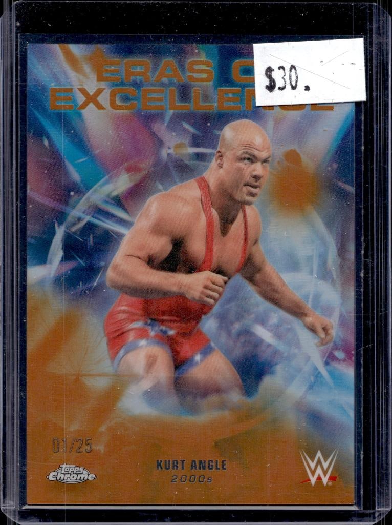 KURT ANGLE 2025 TOPPS CHROME WWE ERAS OF EXCELLENCE ORANGE REFRACTOR SP: 1/25. NEAR MINT OR BETTER CONDITION